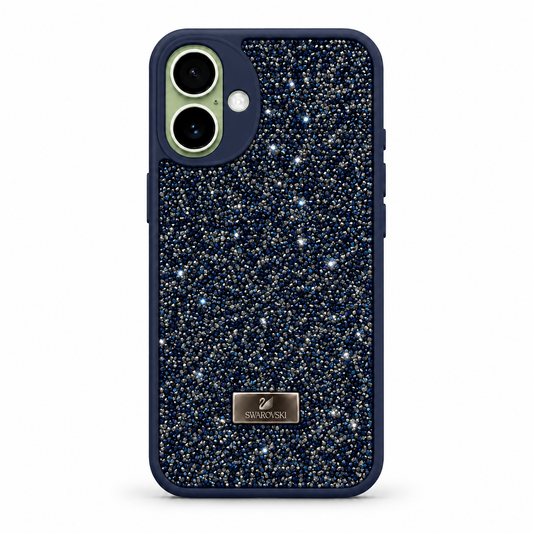 Blue Swarovski Glitter Cover for iPhone 16 Plus on white background
