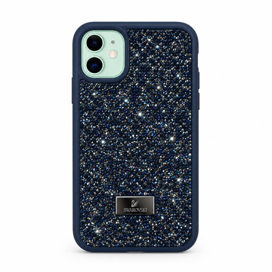 A Swarovski-branded phone case featuring a dark navy blue border and a back covered in dense blue, silver, and white rhinestone glitter, shown on a plain white background.