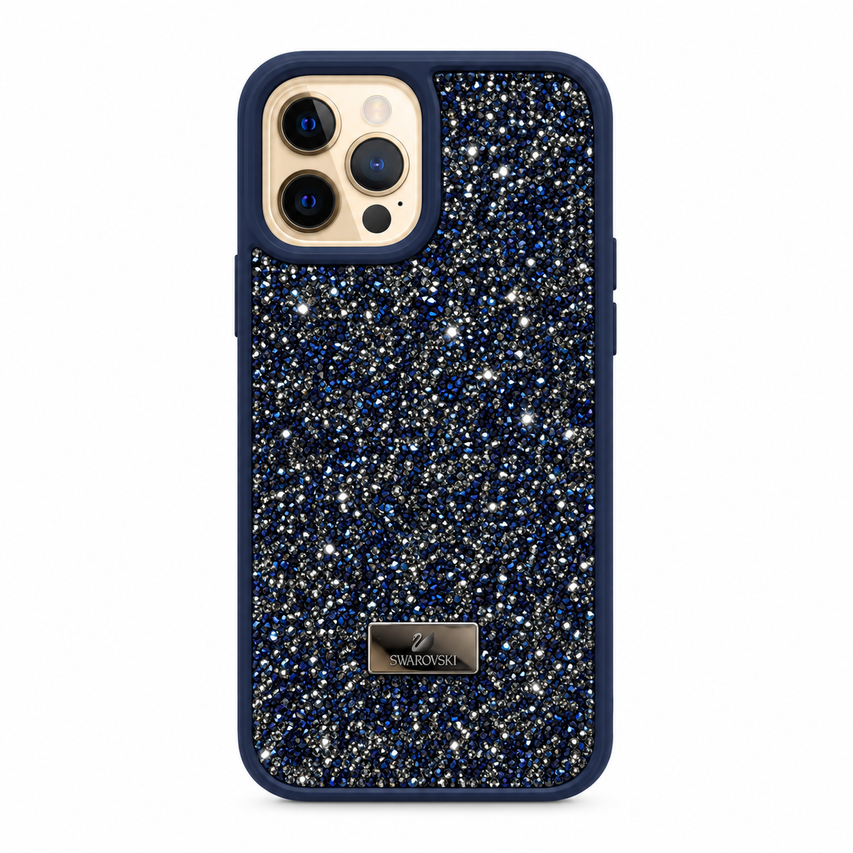 A protective phone case with a navy blue border and a glittery blue, silver, and white starry pattern back. A silver metal plate with the Swarovski logo is positioned near the bottom.