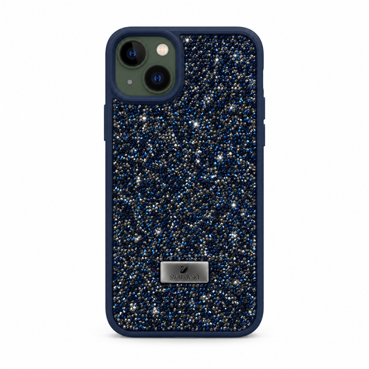 Blue Swarovski Glitter Cover for iPhone 13 on white background