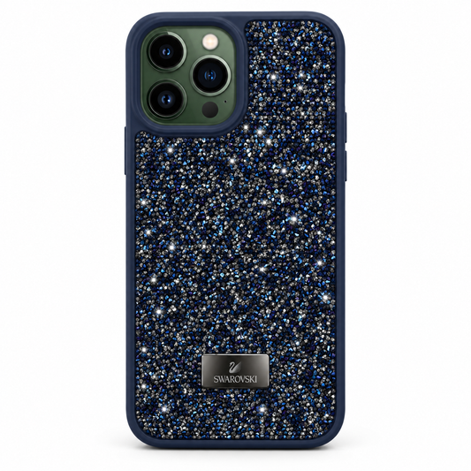 Blue Swarovski Glitter Cover for iPhone 13 Pro on white background