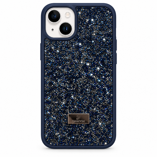 Blue Swarovski Glitter Cover for iPhone 14 on white background