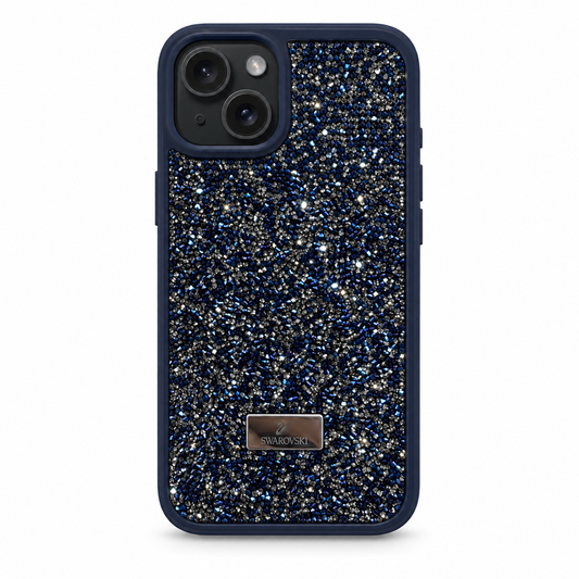 Blue Swarovski Glitter Cover for iPhone 15 on white background