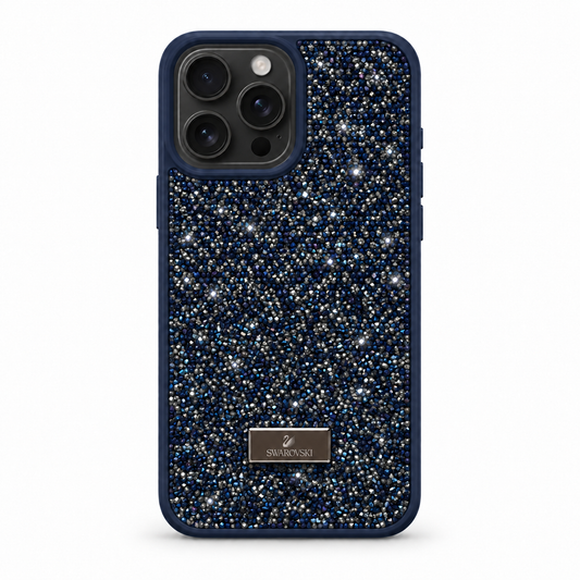 Blue Swarovski Glitter Cover for iPhone 15 Pro Max on white background