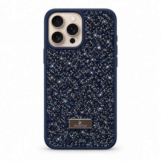 Blue Swarovski Glitter Cover for iPhone 16 Pro Max on white background