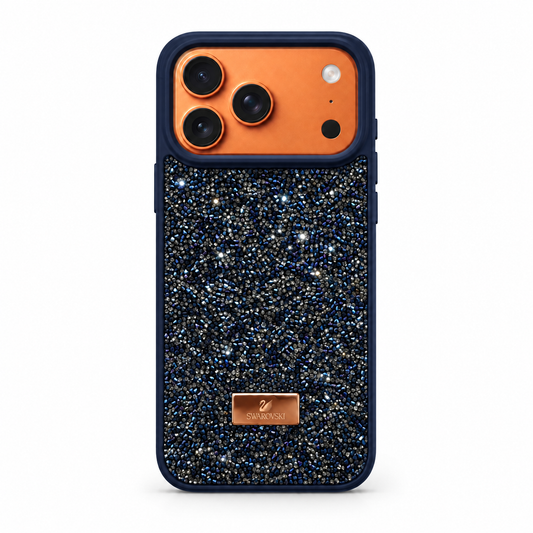 A protective phone case with a navy blue border and a glittery dark blue back panel. The top section of the case features a solid orange accent around the camera cutout, and a small gold-tone metal brand plaque is attached near the bottom.