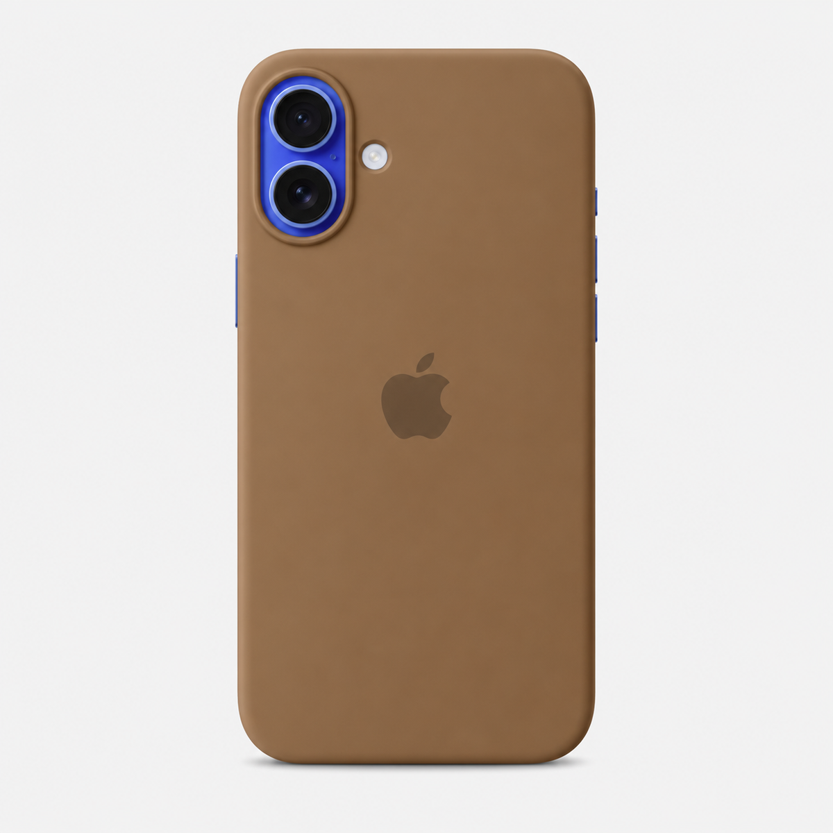 A brown leather iPhone case shown on a light gray background, with the Apple logo visible on the back and a blue camera ring accent.