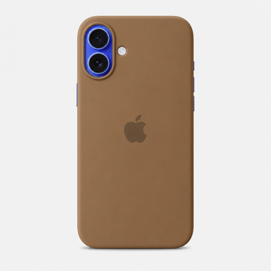A brown leather iPhone case shown on a light gray background, with the Apple logo visible on the back and a blue camera ring accent.