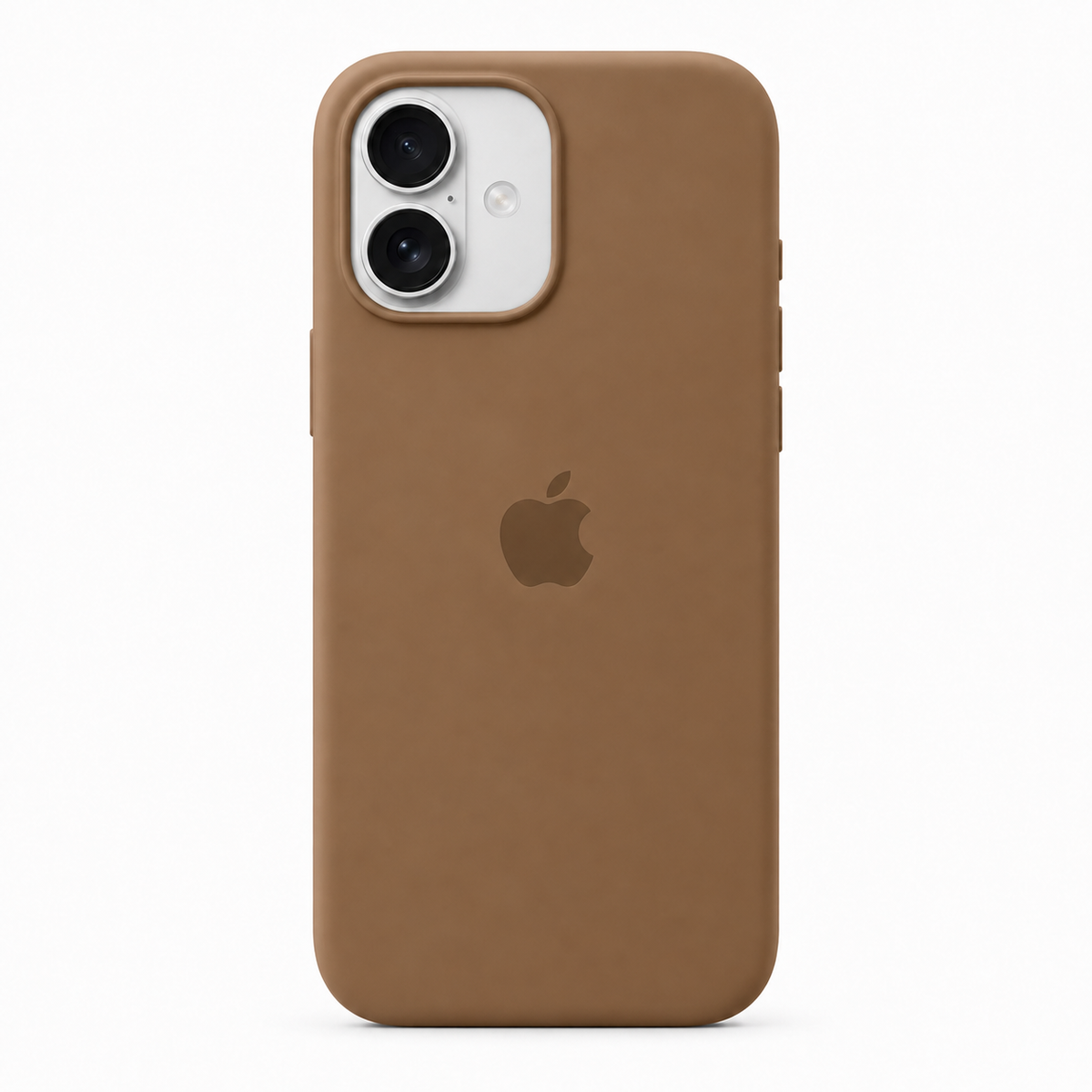 A brown leather iPhone case on a white iPhone, shown from the back against a clean white background.