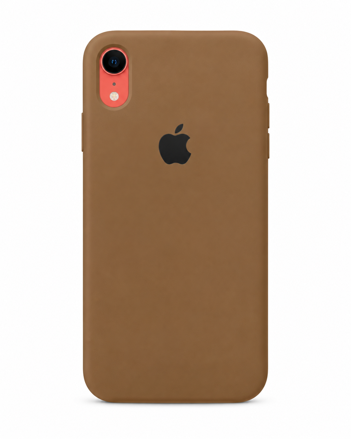 A brown leather iPhone case with a black Apple logo, shown on a white background.