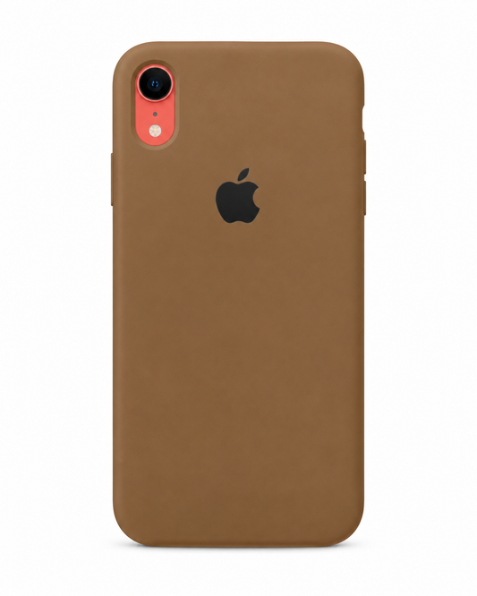 A brown leather iPhone case with a black Apple logo, shown on a white background.