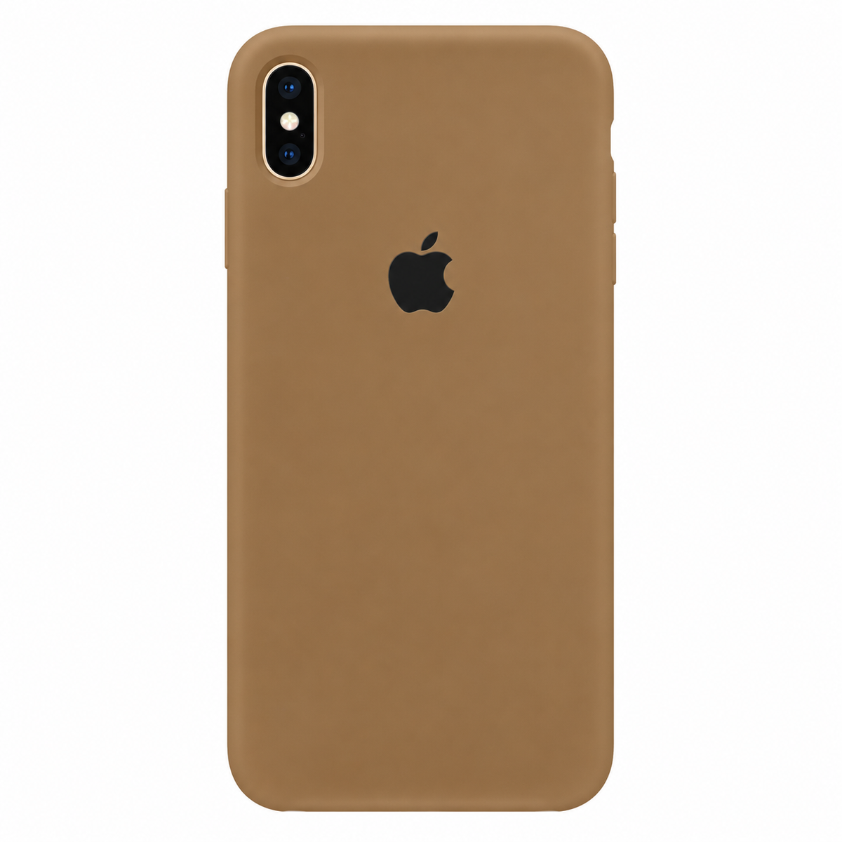 A tan leather iPhone case with a black Apple logo in the center, shown on a plain white background.
