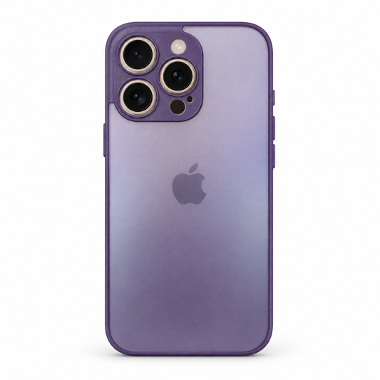 A purple protective phone case with a matching purple bumper and camera bezel, shown on an iPhone. The case features a subtle gradient finish and is photographed against a clean white background.