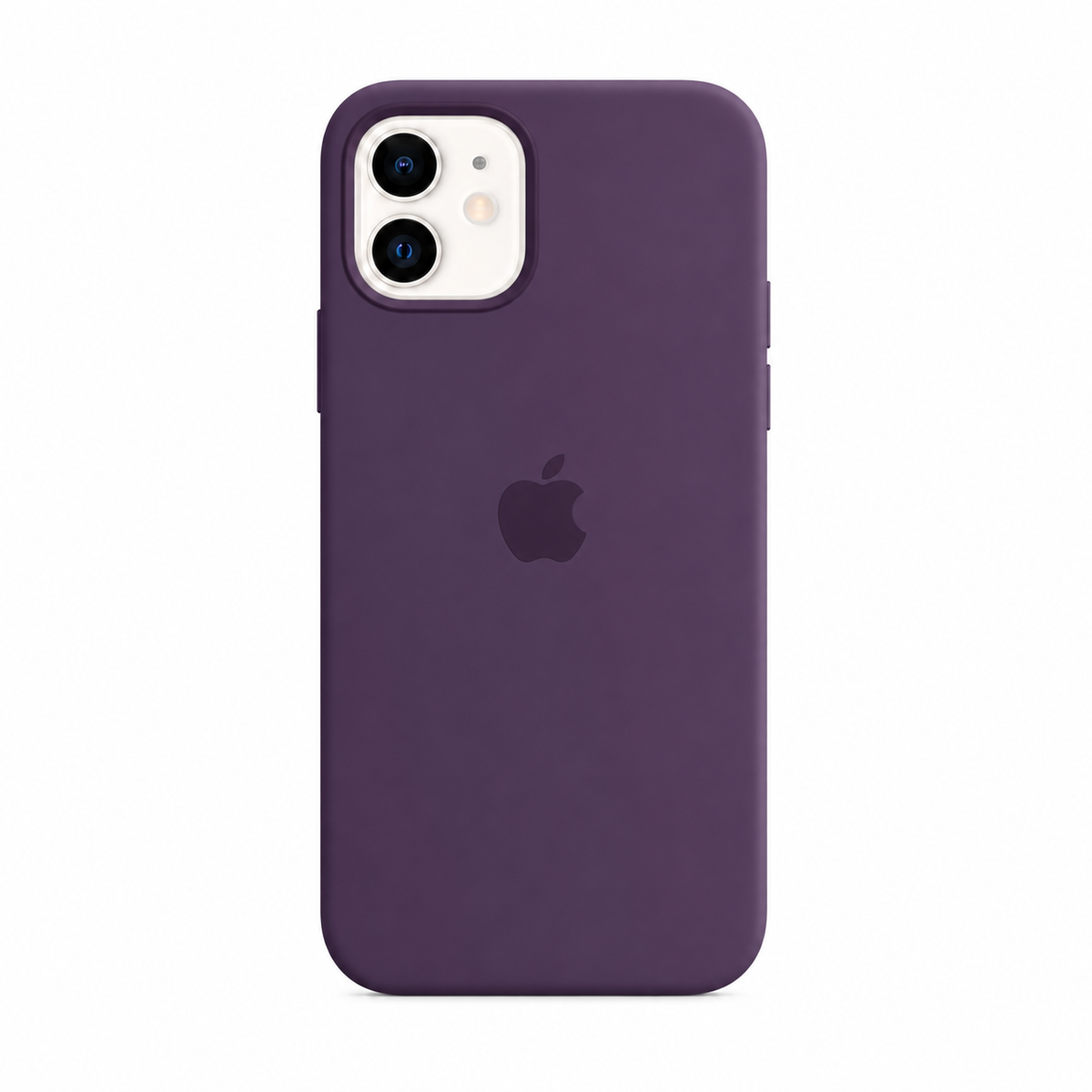 deep purple color iphone case. there is an apple logo on the back side of the case. the image has a pure white background. 