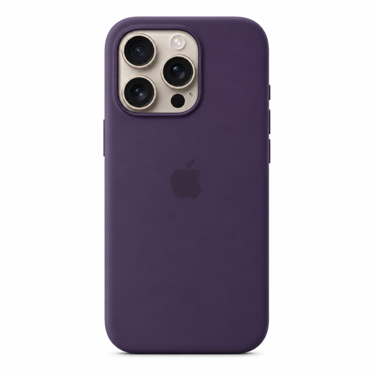 A dark purple silicone phone case on an iPhone 14 Pro, shown from the back against a plain white background. The Apple logo is visible through the case.