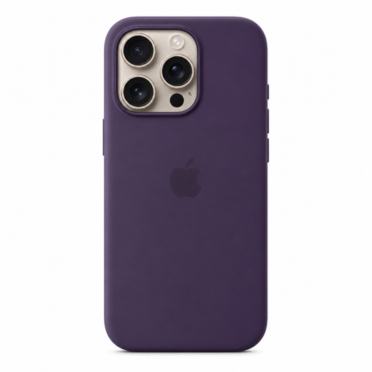 A dark purple silicone phone case on an iPhone 14 Pro, shown from the back against a plain white background. The Apple logo is visible through the case.