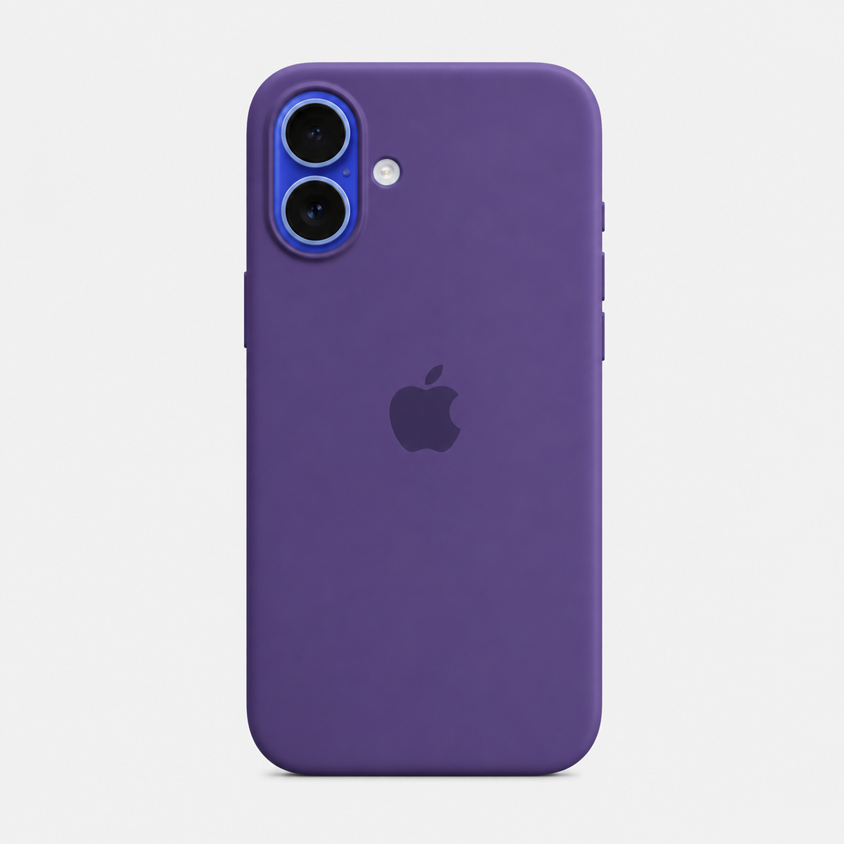 A purple silicone phone case on an iPhone, shown from the back against a light gray background. The Apple logo is visible through the case, and the camera cutout reveals a blue accent ring around the lenses.