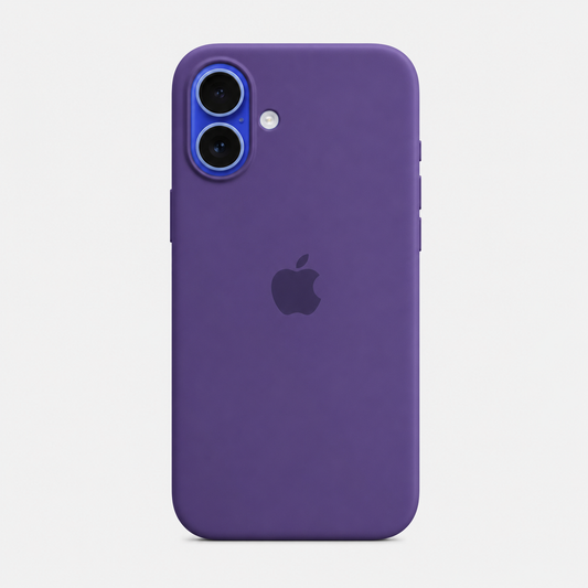 A purple silicone phone case on an iPhone, shown from the back against a light gray background. The Apple logo is visible through the case, and the camera cutout reveals a blue accent ring around the lenses.
