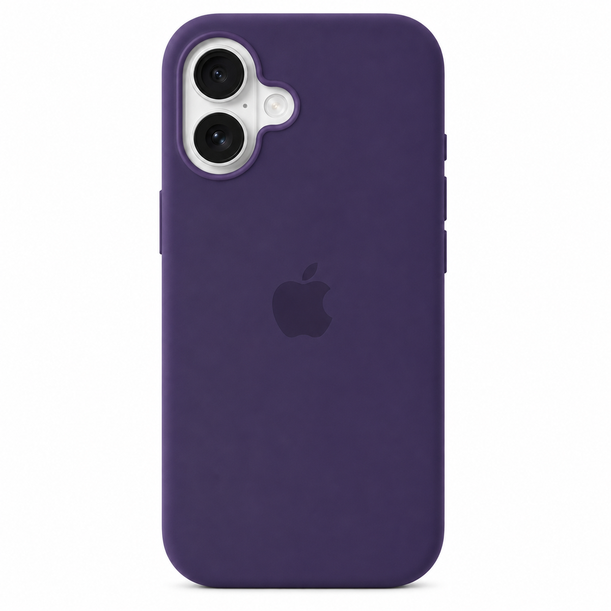 A dark purple silicone phone case with a matte finish, shown on an iPhone. The case features a precise cutout for the dual camera lenses and a built-in protective bumper around the camera module.