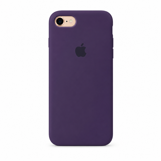 A dark purple silicone phone case with a matte finish, shown on an iPhone. The Apple logo is visible through a cutout in the center of the case.