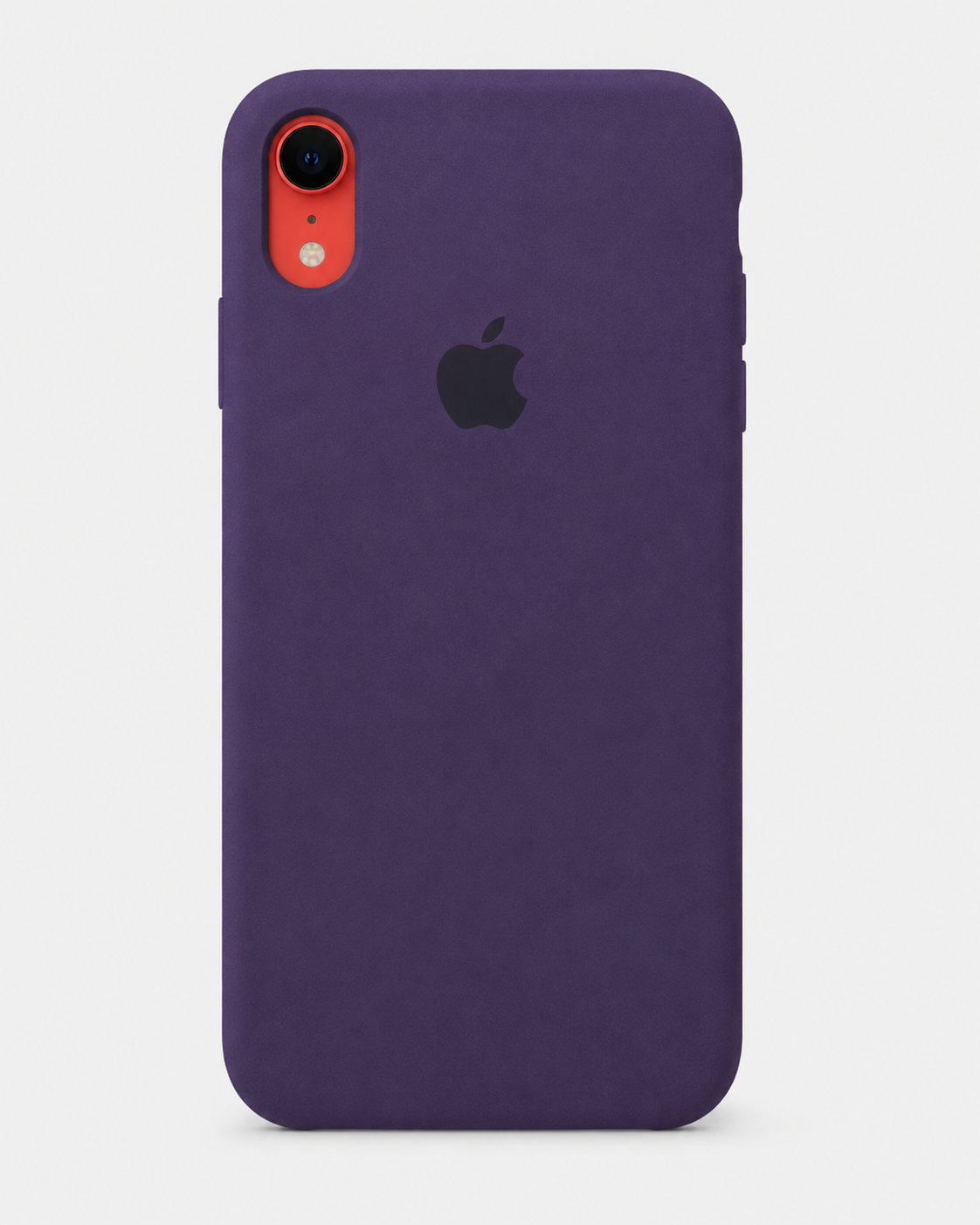A dark purple textured phone case with a black Apple logo, shown on a light gray background.