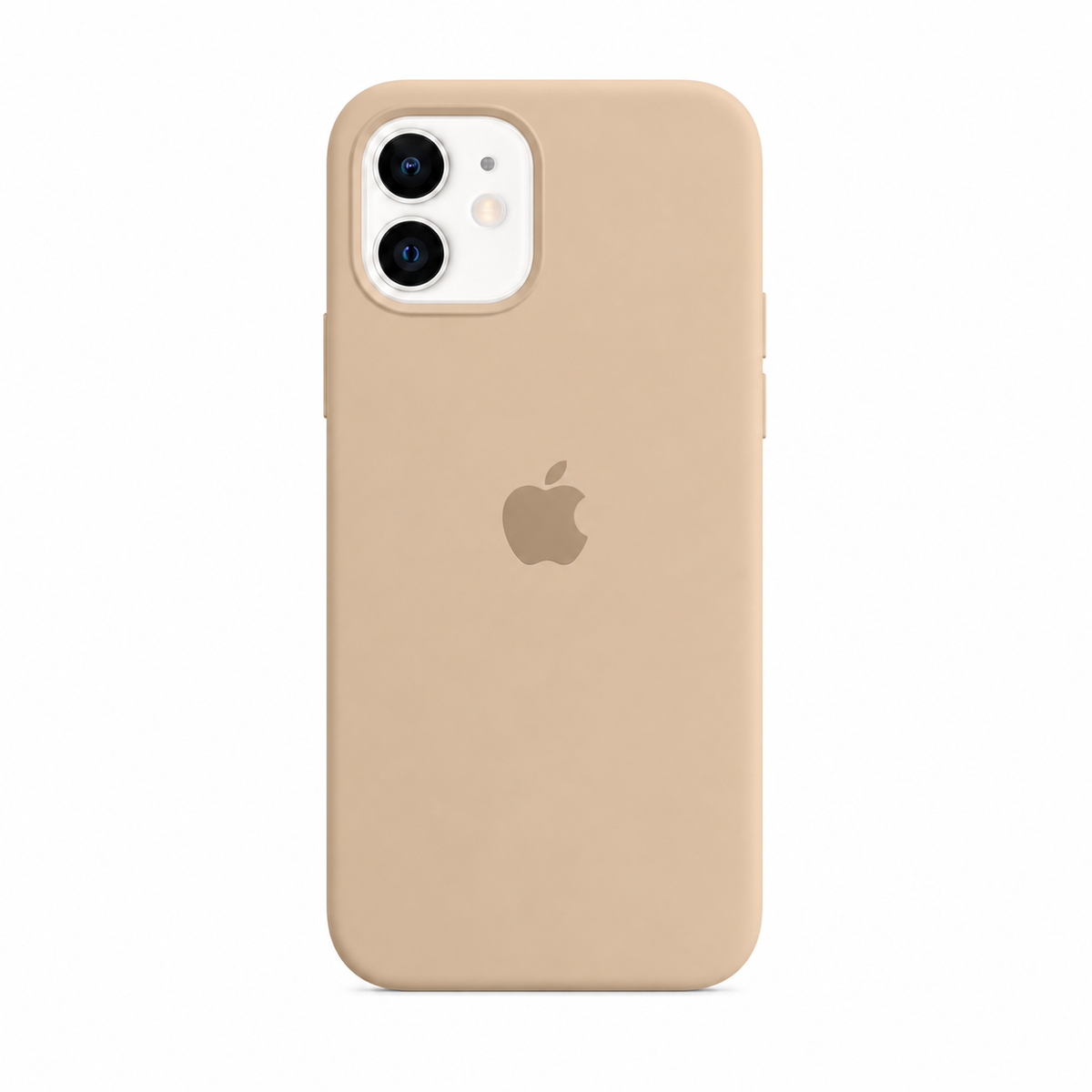 A light tan leather iPhone case on a white iPhone, shown from the back against a solid white background.
