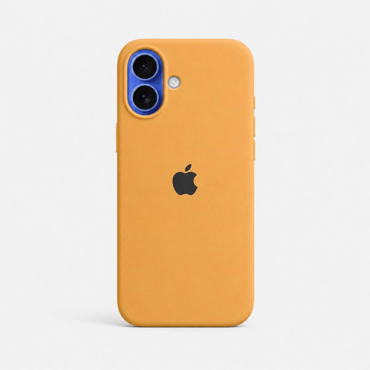 A yellow-orange silicone phone case with a black Apple logo, shown on a light gray background.