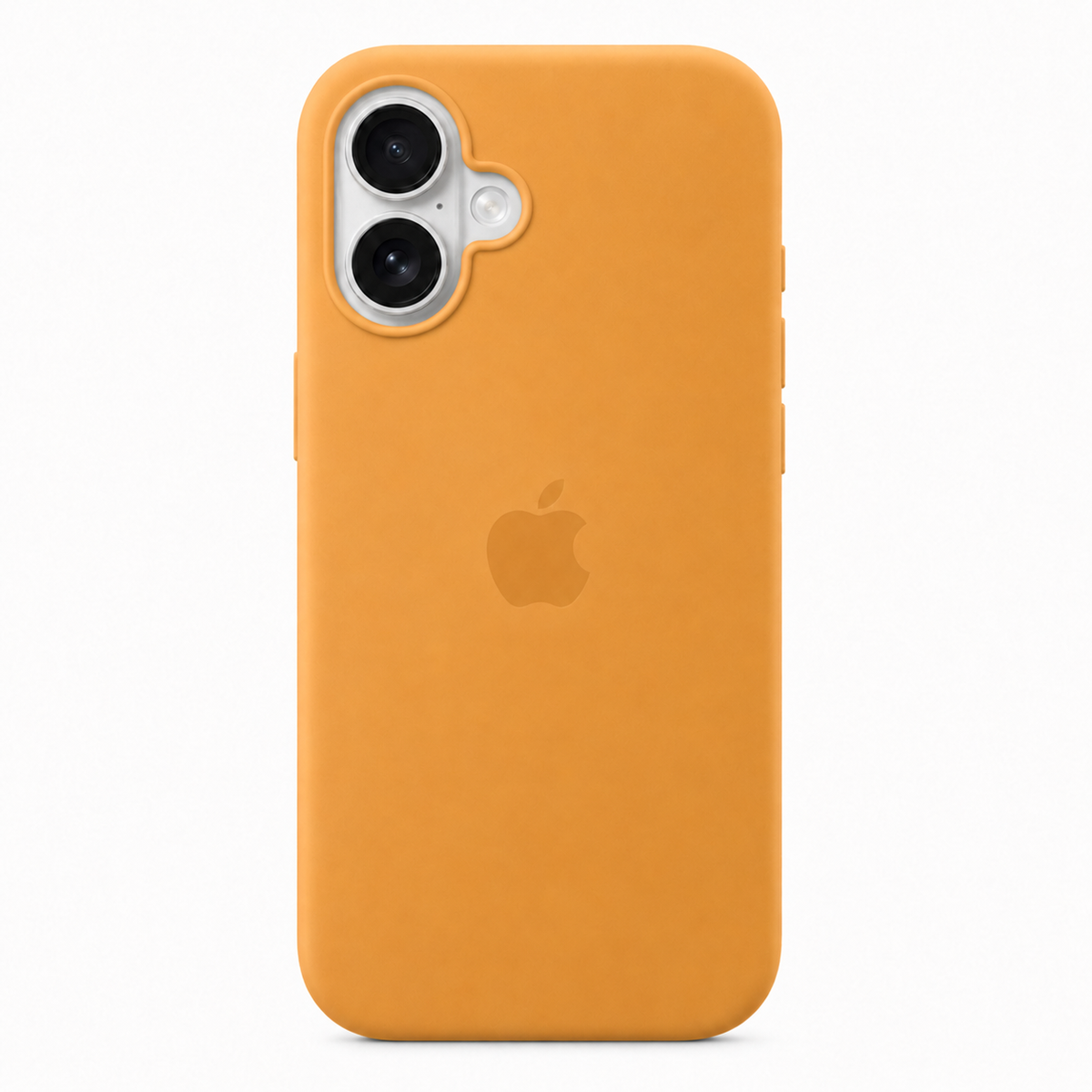 An orange leather phone case fitted on an iPhone, shown from the back against a clean white background. The Apple logo is visible through the case.