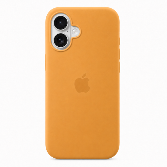 An orange leather phone case fitted on an iPhone, shown from the back against a clean white background. The Apple logo is visible through the case.