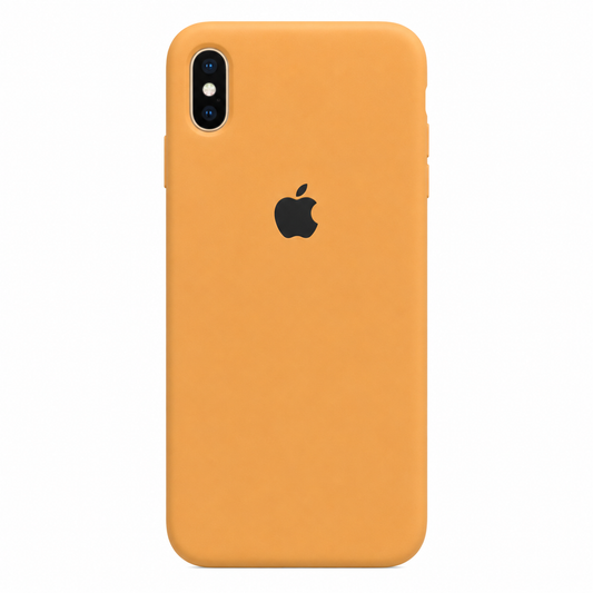 A matte orange phone case with a black Apple logo in the center, shown on a white background.