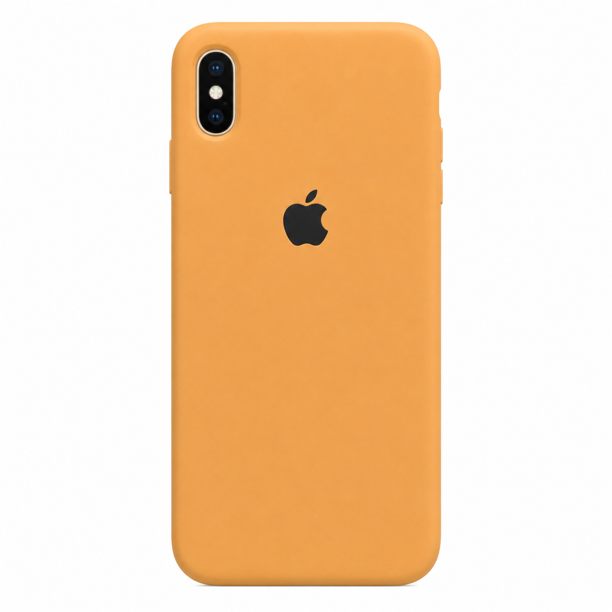 A matte orange phone case with a black Apple logo in the center, shown on a white background.