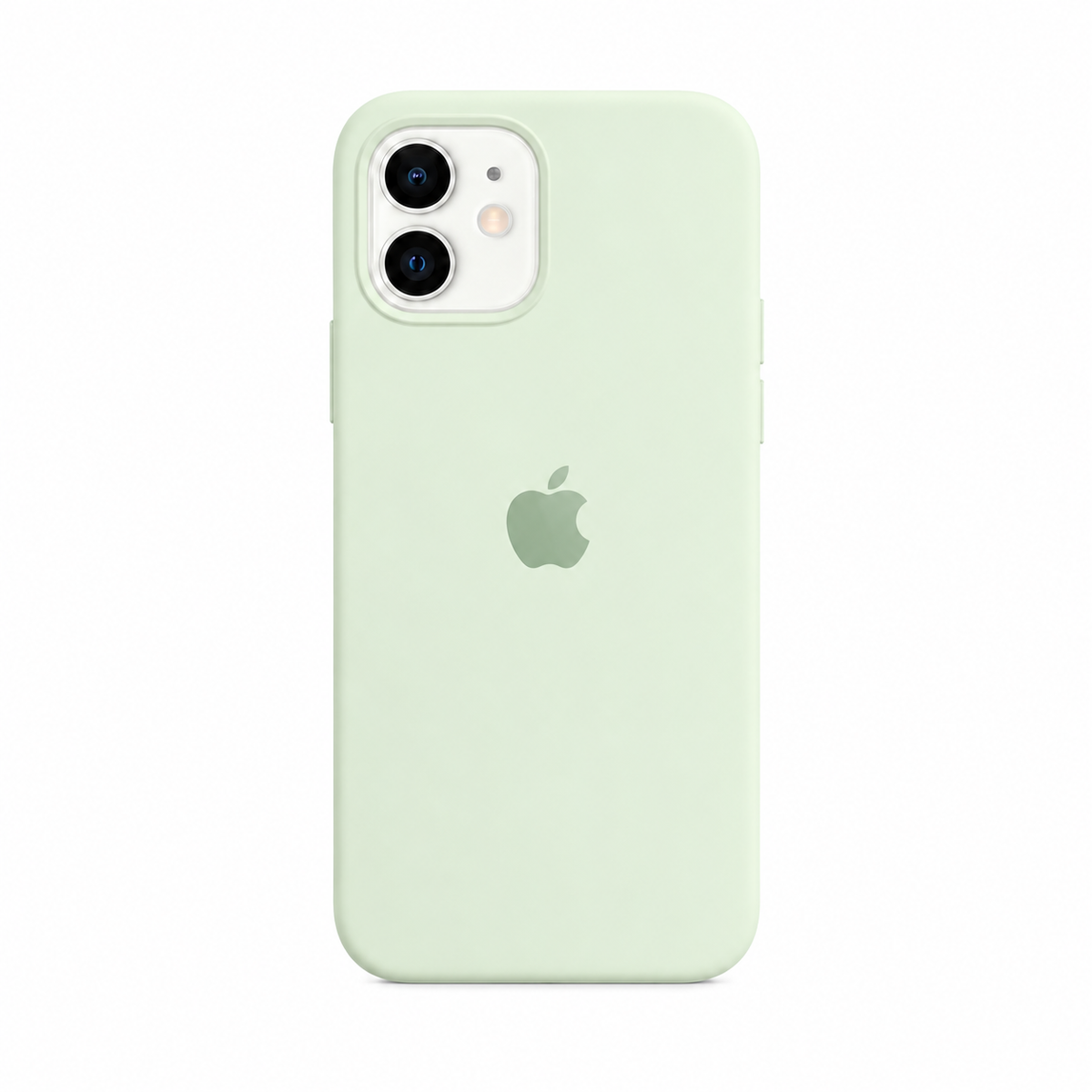 green case for iphone 11. image has a white background. iphone 11 is inserted in the case. the case has an apple logo on its back 