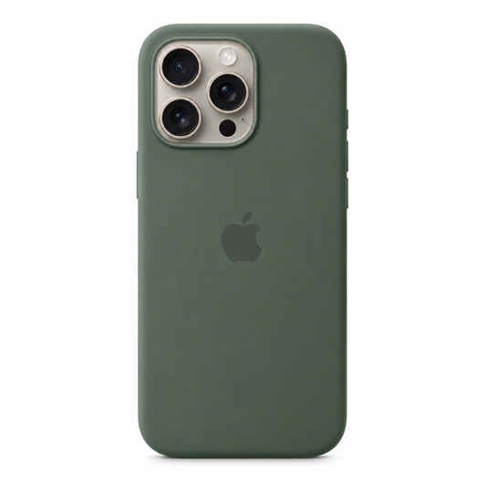 A matte dark green protective phone case on an iPhone 14 Pro , shown from the back against a plain white background.