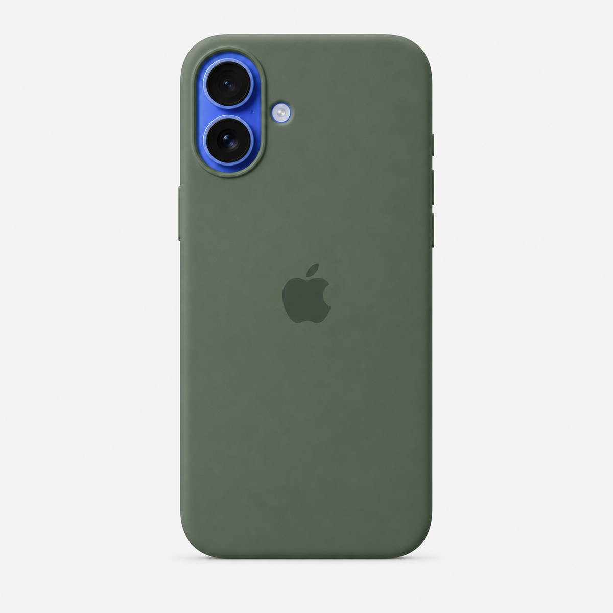 An olive green silicone phone case on an iPhone, shown from the back against a light gray background. The case features a matte finish, a cutout for the dual camera and flash, and a dark gray Apple logo printed in the center.