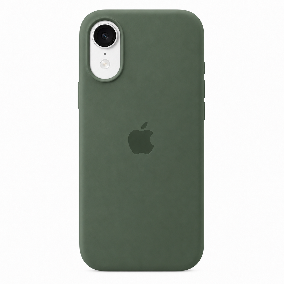 An olive green silicone phone case on an iPhone 17, shown from the back against a plain white background. The Apple logo is visible in the center.