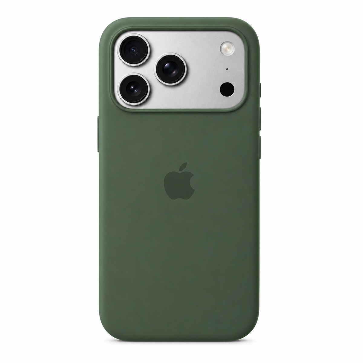 An olive green silicone phone case on an iPhone, shown from the back against a plain white background.