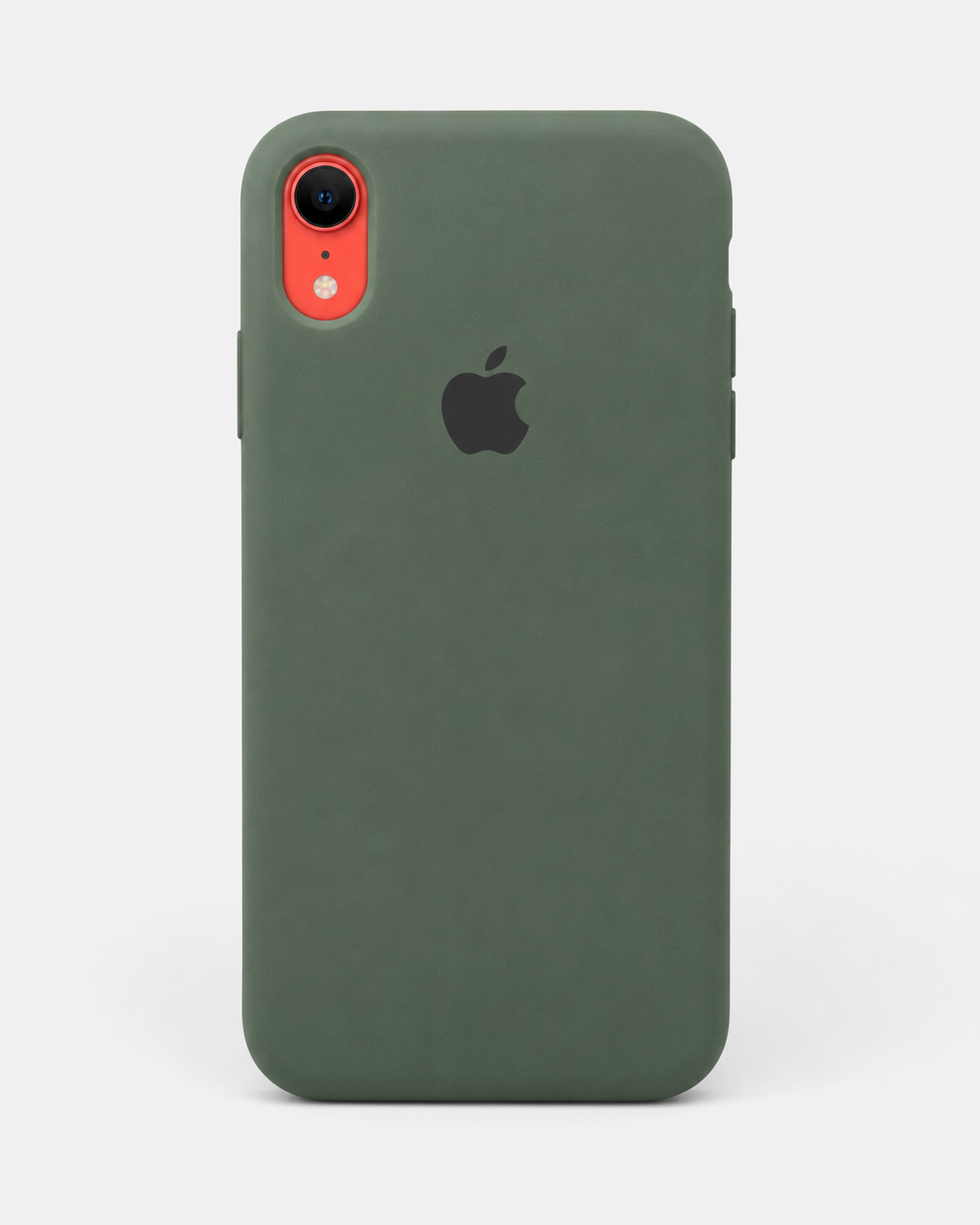 An olive green silicone phone case on an iPhone, shown from the back against a light gray studio background.