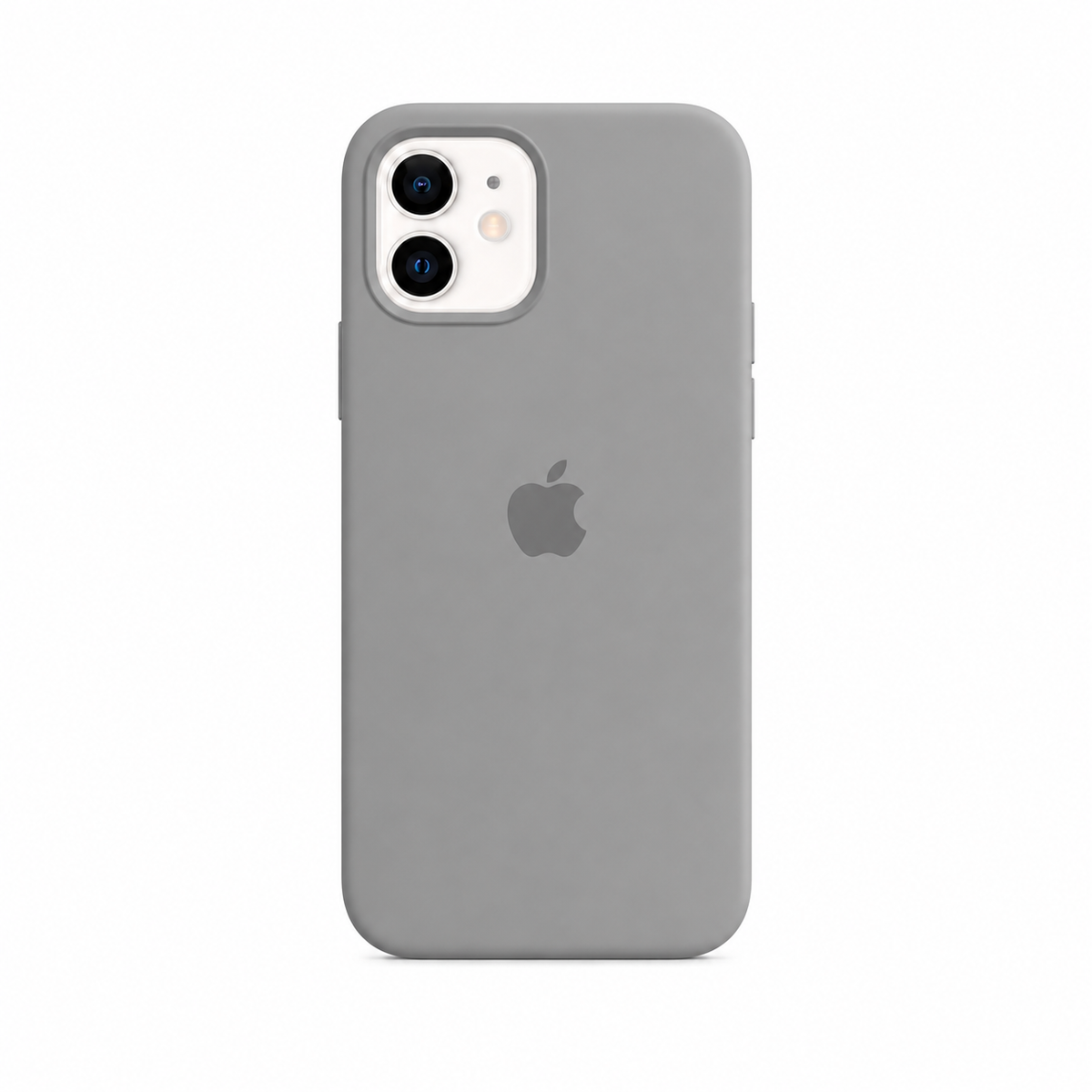 grey case for iphone 11. image has a white background. iphone 11 is inserted in the case. the case has an apple logo on its back 