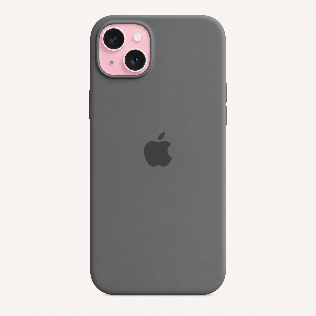 grey color iphone 13 case with apple logo in the middle and white background of the silicone cover iphone 13 inserted in the cover