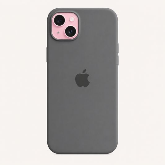 A dark gray protective phone case on an iPhone, shown from the back against a light off-white background. The case features a matte finish and a cutout for the camera, which reveals a pink phone camera lens.