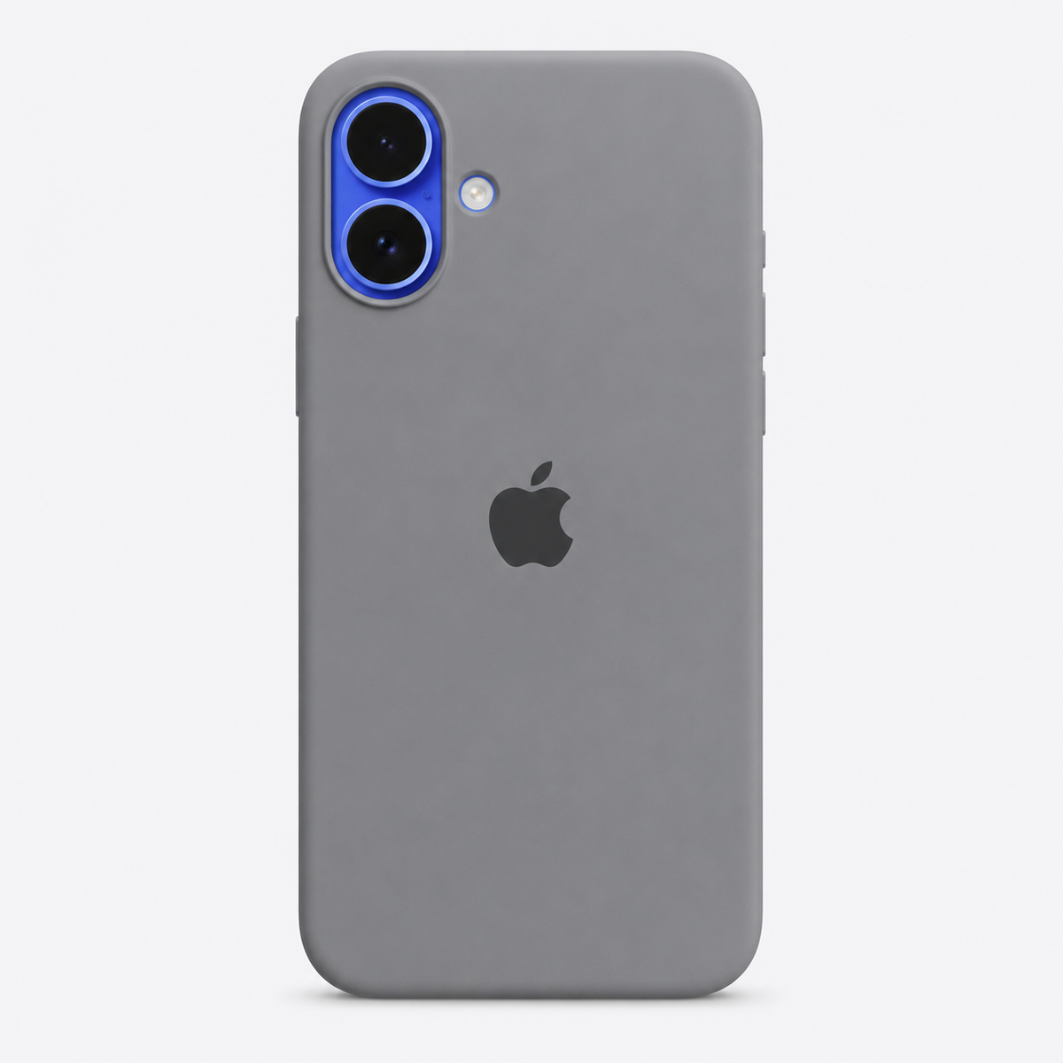A matte gray protective phone case with a black Apple logo, shown on a light gray background.