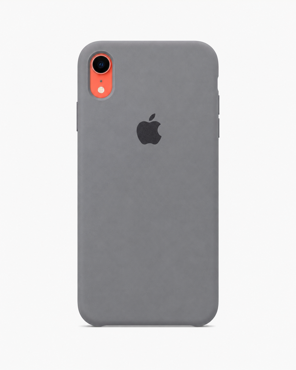 A matte gray protective phone case with a black Apple logo in the center, shown on a light gray background.