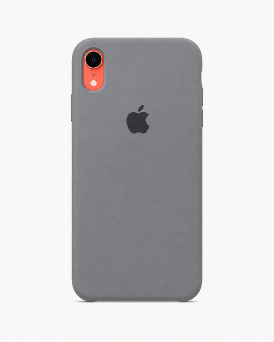A matte gray protective phone case with a black Apple logo in the center, shown on a light gray background.