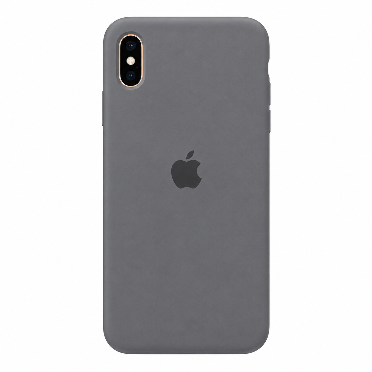 A dark gray leather phone case on an iPhone, shown from the back against a plain white background. The Apple logo is visible in the center.