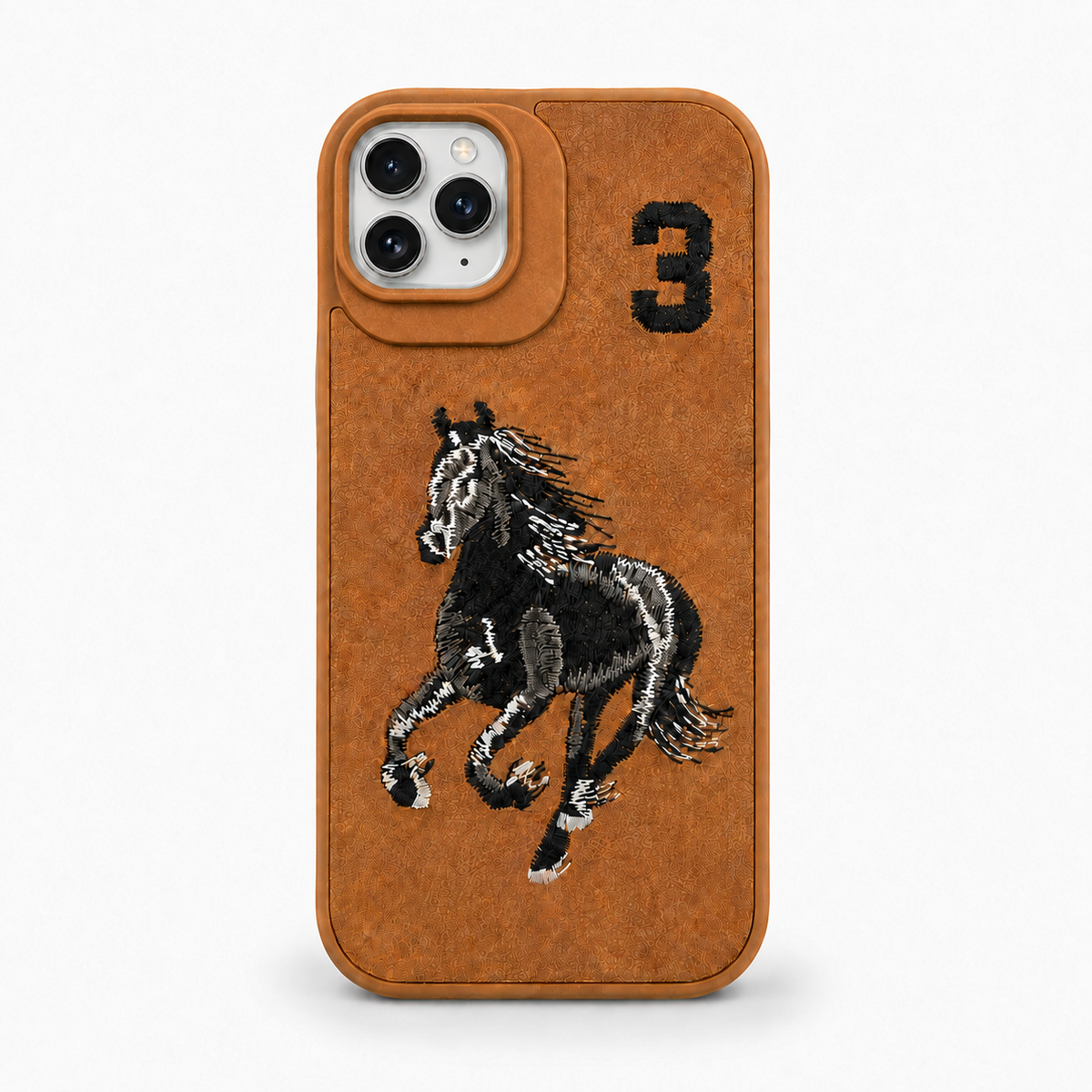 Tan No. 3 – Black & White Horse Santa Barbara Polo horse embroidered case for iPhone 11 on white background