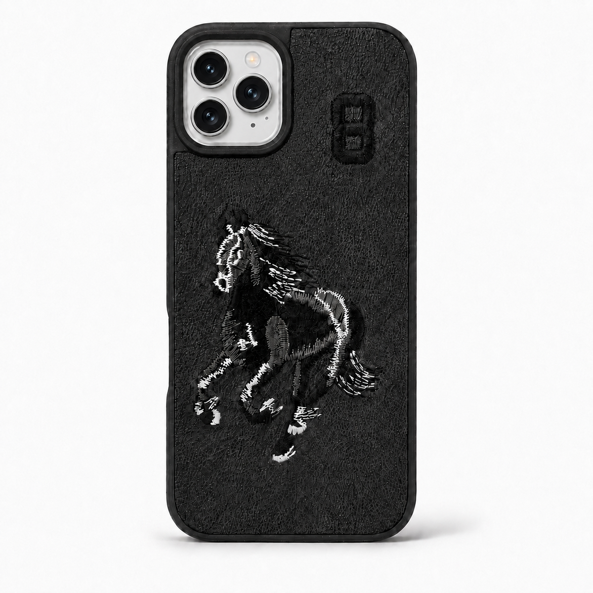 Black No. 8 – Black & White Horse Santa Barbara Polo horse embroidered case for iPhone 11 on white background