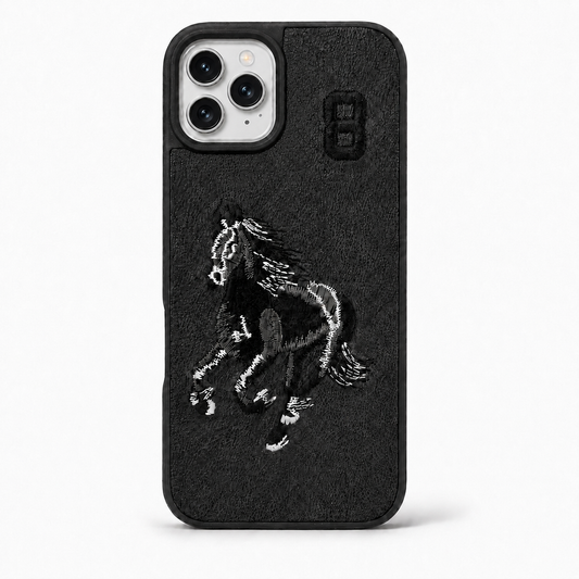 Black No. 8 – Black & White Horse Santa Barbara Polo horse embroidered case for iPhone 11 on white background