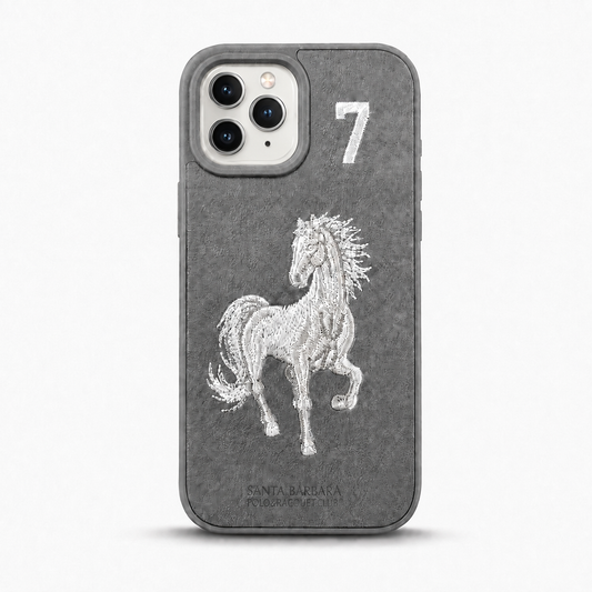 Grey No. 7 – White Horse Santa Barbara Polo horse embroidered case for iPhone 11 on white background