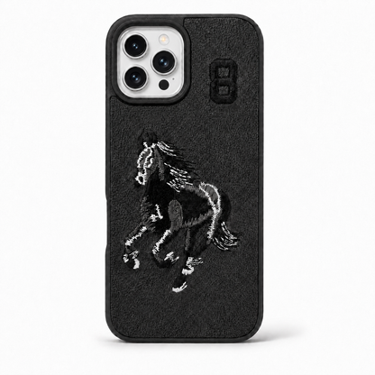 Black No. 8 – Black & White Horse Santa Barbara Polo horse embroidered case for iPhone 11 Pro Max on white background