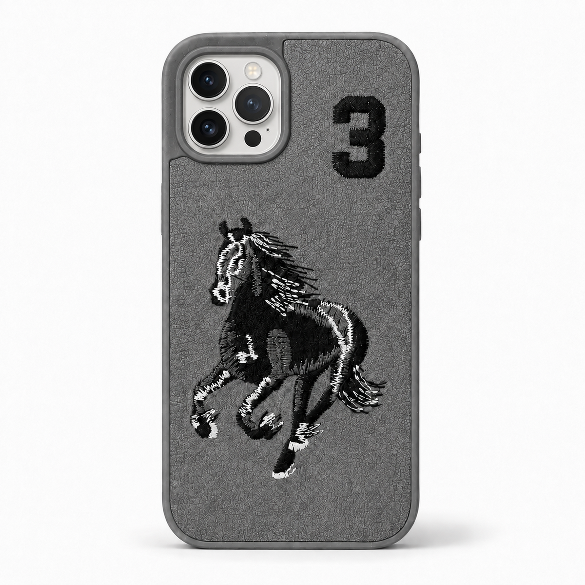 Grey No. 3 – Dual-Cutout Santa Barbara Polo horse embroidered case for iPhone 12 Pro Max on white background